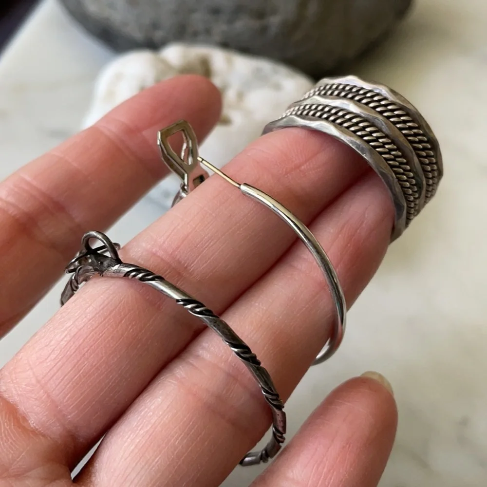 Native American Three Solo Sterling Cuff and Hoops Earrings